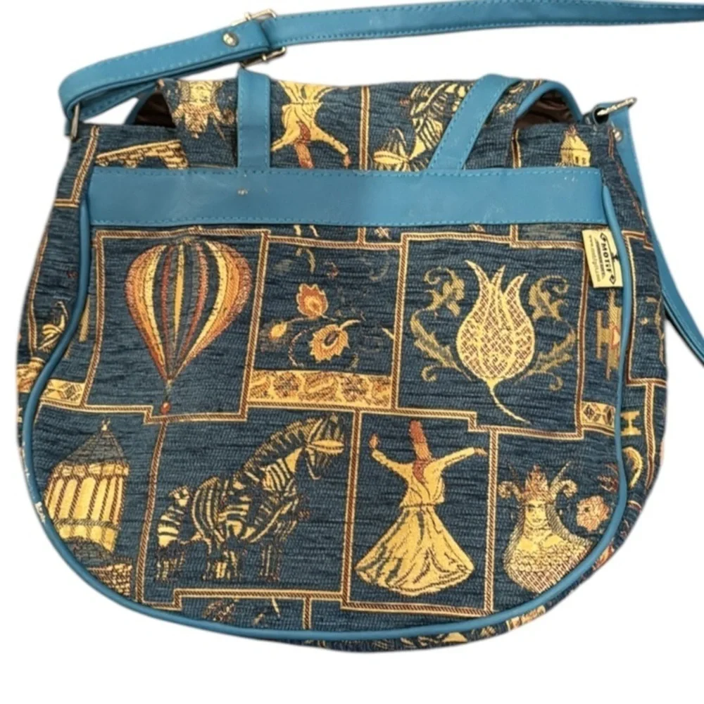 Motif Turkish Blue Tapestry & Vegan Leather Satchel Crossbody Bag